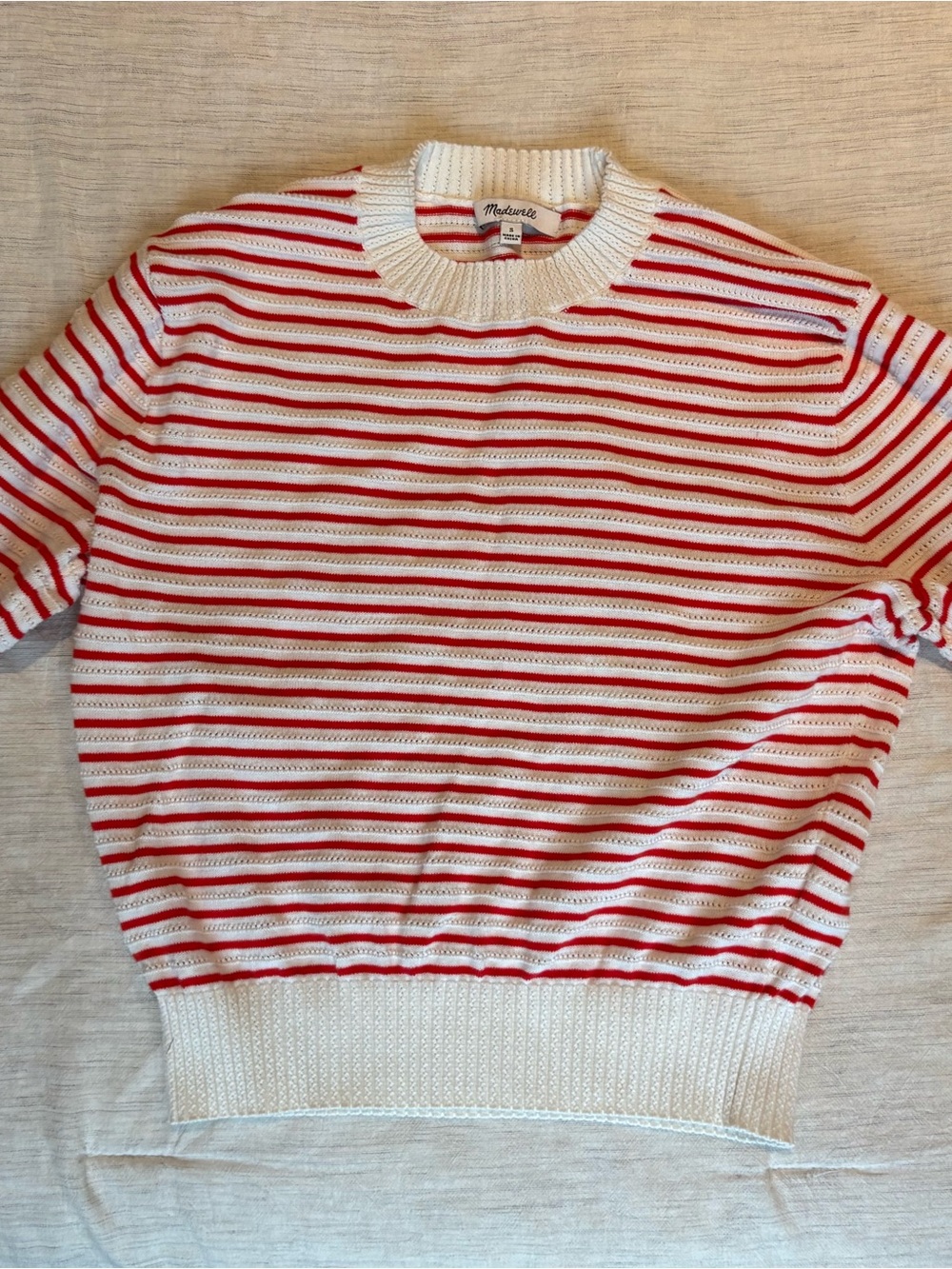 Madewell Cream and Red Striped Crewneck Sweater